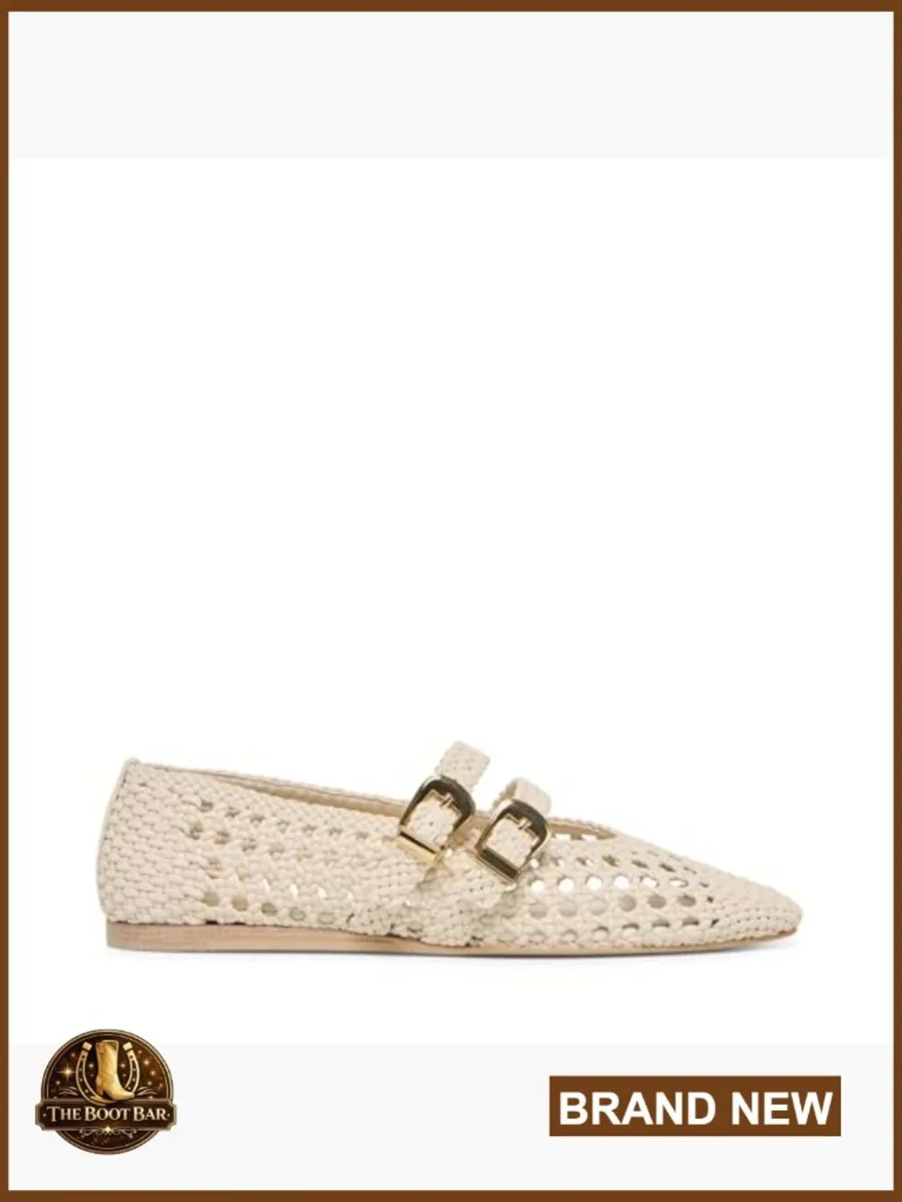 Woven Ballet Flat with Leather Upper, Rubber Sole, Buckle Closure, Solid Pattern